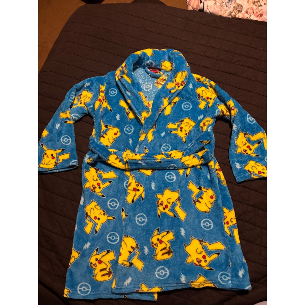 Fleece Pikachu Pokemon Bathrobe Kids Size 6/7 Blue Yellow Sleepwear Loungewear